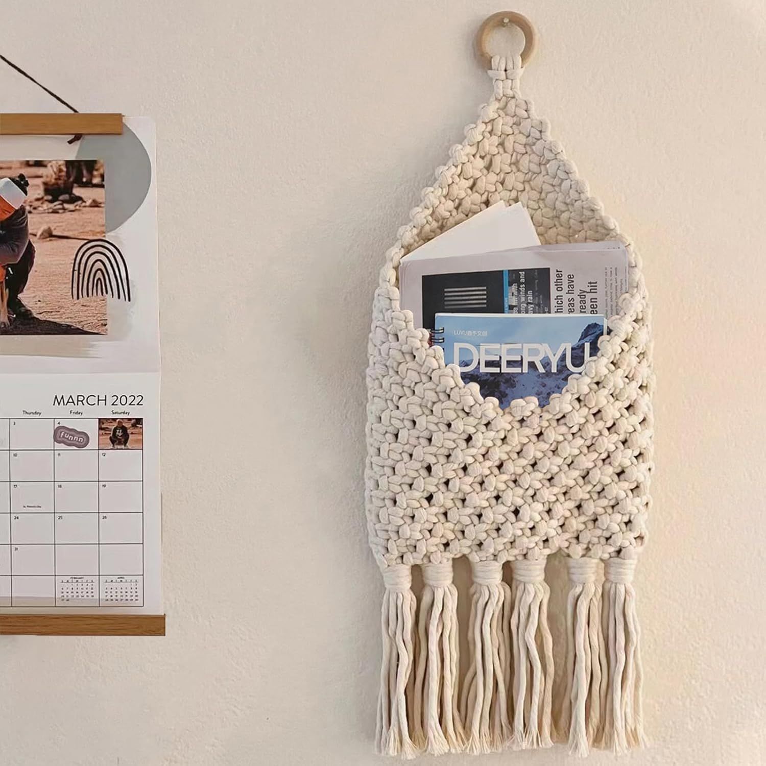 Hanging Woven Basket for Boho Home Office Decor, Over the Door Key and Mail Letter Envelope Holder for Entryway Hallway,white