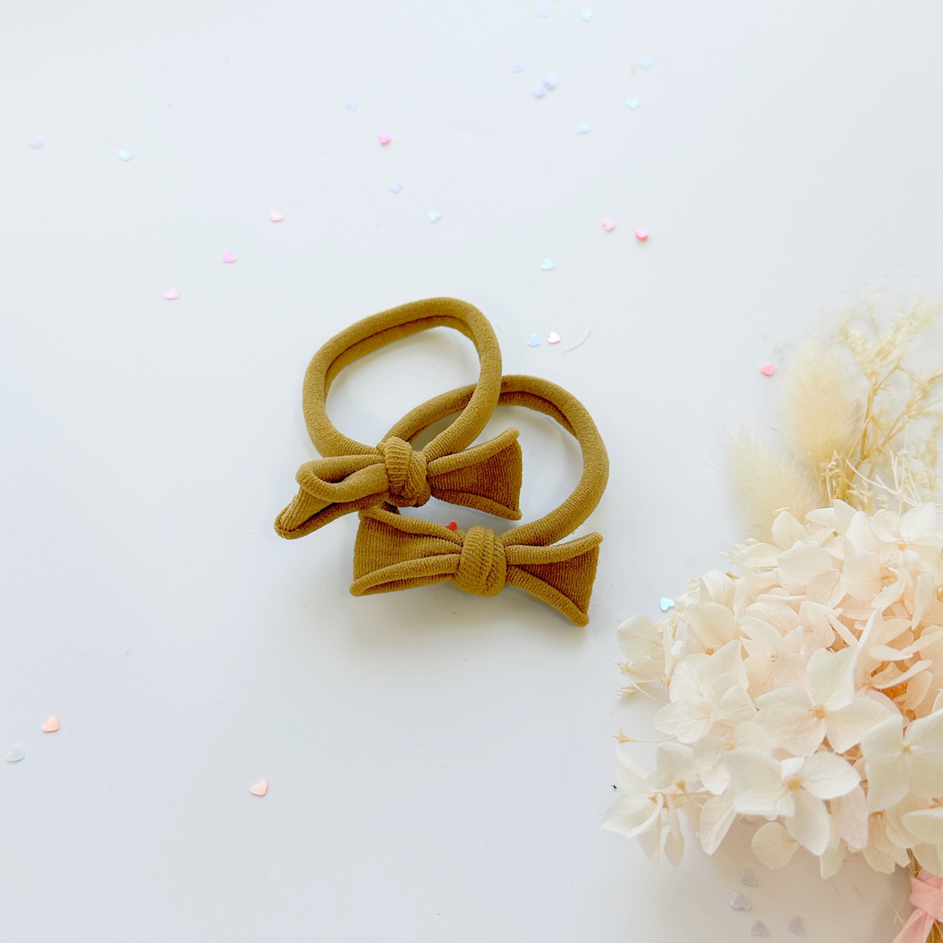 Handmade Simple Bow metal free hair ties -Mustard - 1 Pairs - Mustard โ image 5