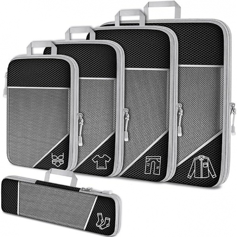 Black Waterproof Travel Compression Packing Cube Set of 5 Sizes with Carry Handles - 50% Space Saving Breathable Nylon Luggage Organizer