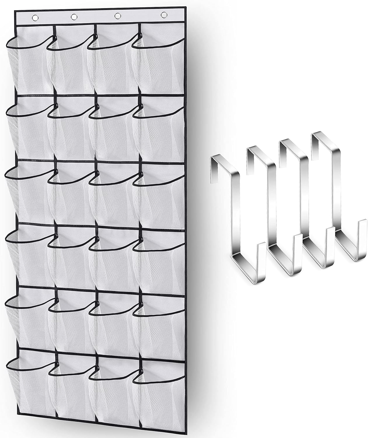 Over The Door Shoe Organizer 24 Large Mesh Pockets, White