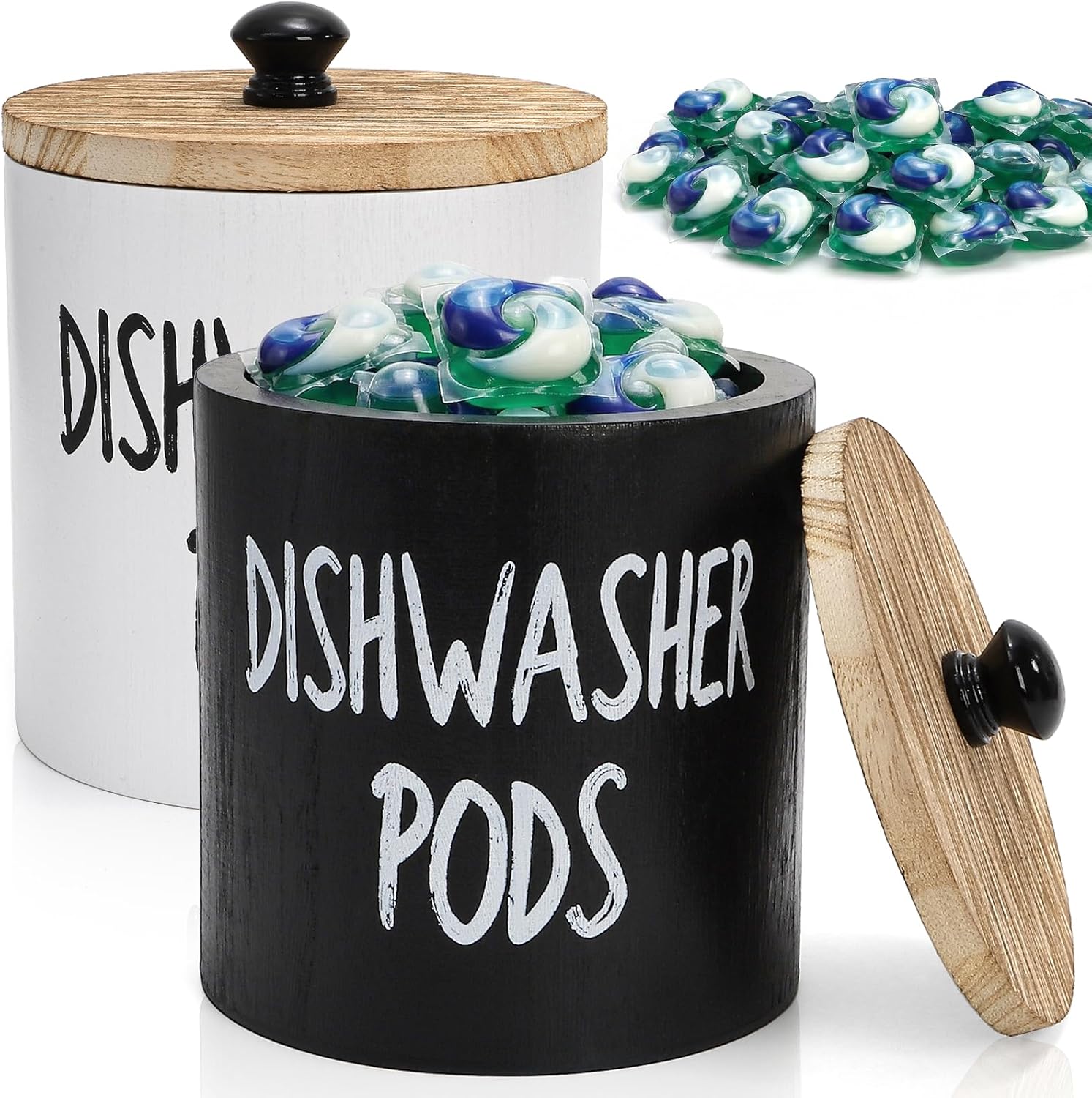 2 Pack Dishwasher Pod Container, Wood Tablet Holder with Lid, Round Laundry Pods Dispenser, Farmhouse Detergent Tin Organizer for Home Kitchen Cabinet Decor