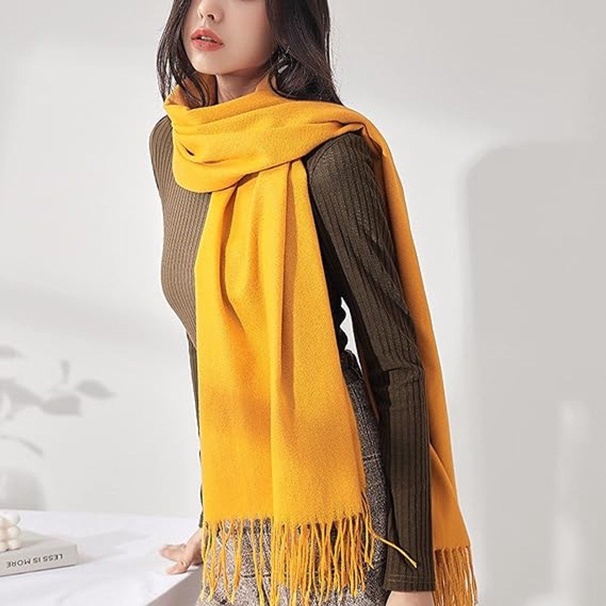 Women's Woven Winter Scarf, Large Tassel Shawl Wrap, Soft Warm Neck Warmer for Cold Weather Outfits, 70x200 cm, Yellow — image 4