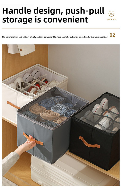 Extra Large Foldable Shoe Storage Box 16 Compartments with Side Pockets Clear Lid Wardrobe Organiser for Sneakers Socks 43cm Square Cube Grey — image 3