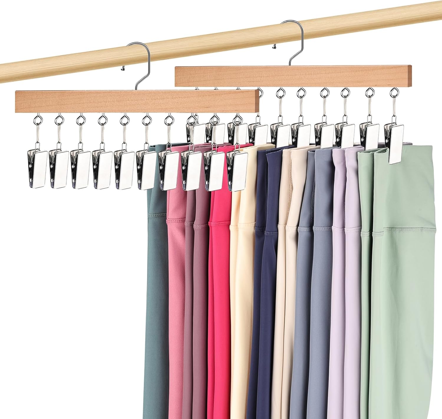 2 Pack Legging Hangers for Closet, Wooden Legging Hanger for Closet Organizer with 20 Upgraded Clips Holds 20 Leggings, 360° Rotatable Space Saving Yoga Pants