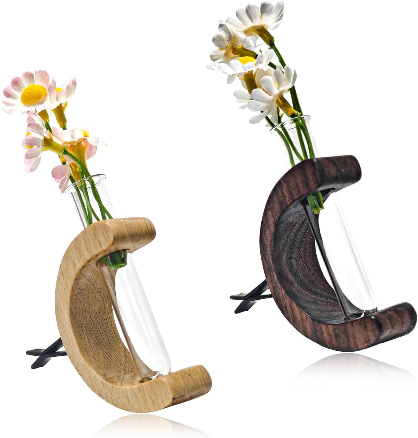 2 PCS Car Vase Vent Clips, Wooden Auto Glass Tube Vase Clips for Air Vent Ornament, Charm Automotive Flower Vases Holder Vehicle Decoration (Light Brown+Dark