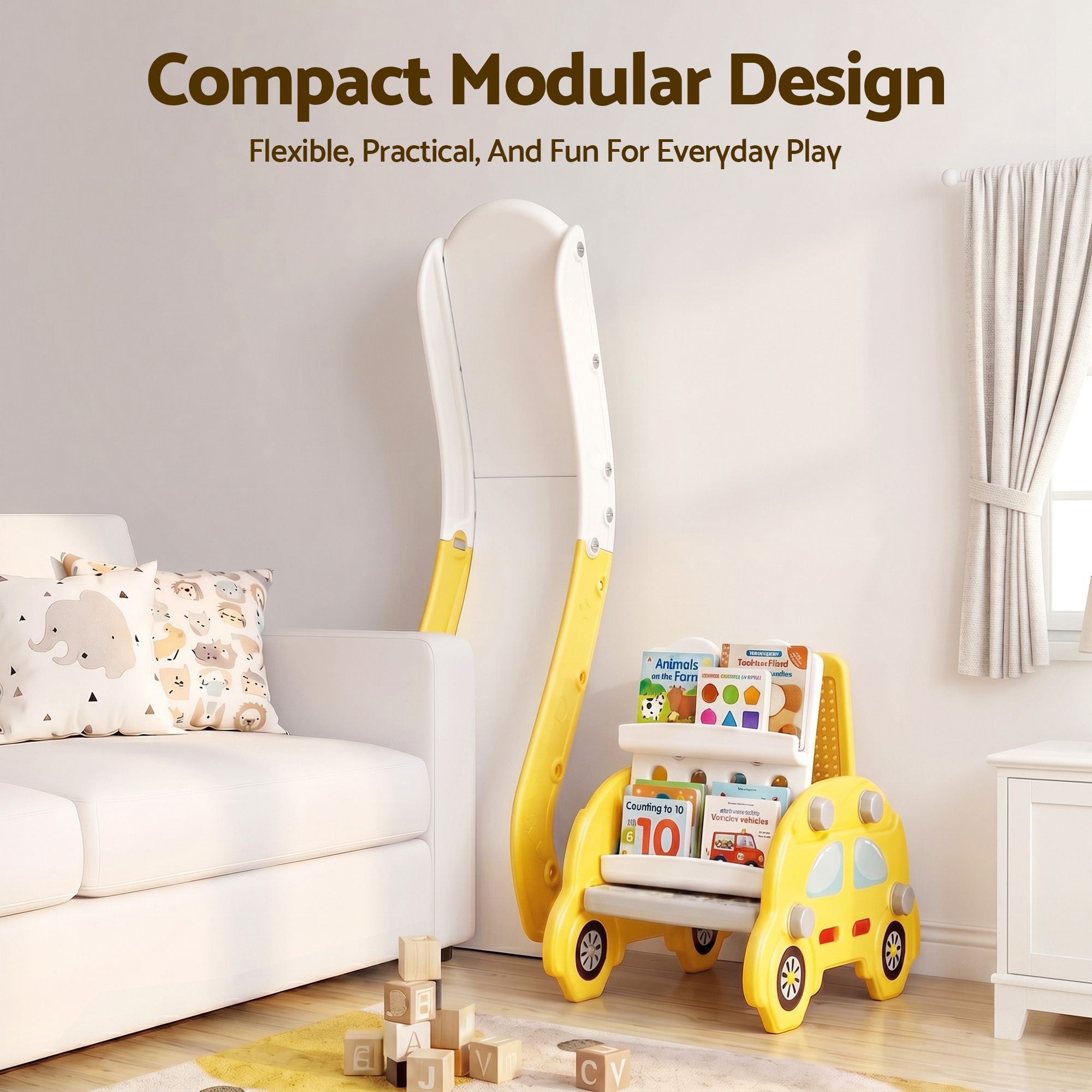 Keezi Kids Slide Set Toddler Indoor Playset Bookshelf Drawing Board Yellow โ image 5