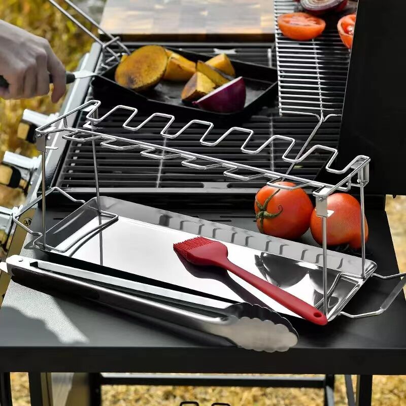 Stainless steel chicken leg and wing rack three-piece set: Foldable standing grill + baking tray + cleaning brush. Suitable for barbecues, smoking, and ovens