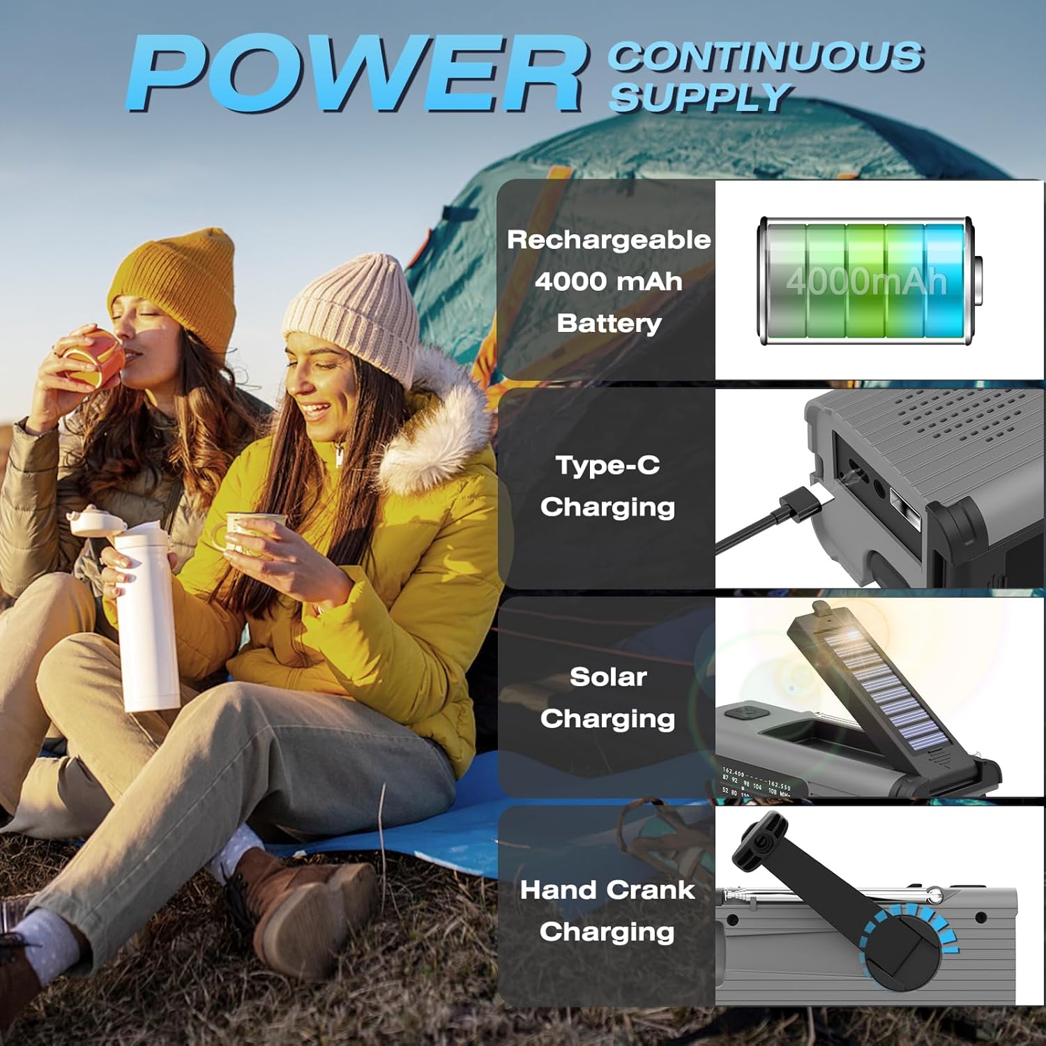 Multi-Colour Solar & Hand Crank Portable Radio 4000mAh Rechargeable Battery Operated Emergency Radio for Indoor Outdoor Use — image 4