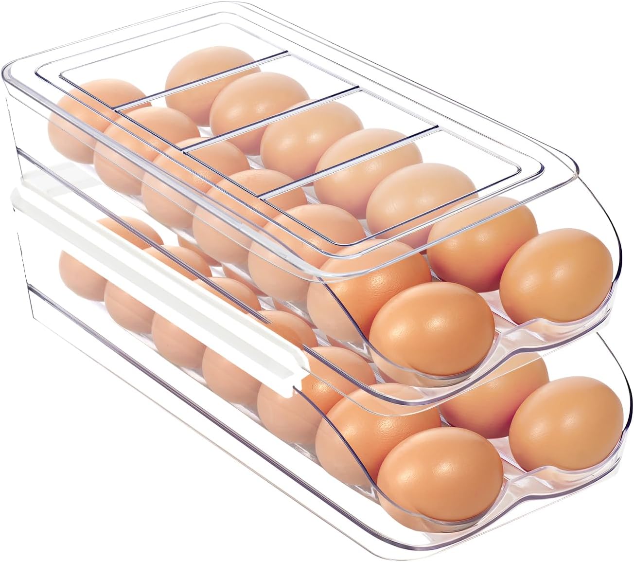 Egg Holder for Fridge, Automatic Rolling Egg Organizer for Refrigerator, Clear Plastic Egg Container & Tray, Stackable Dispenser and Storage Bin with Sturdy
