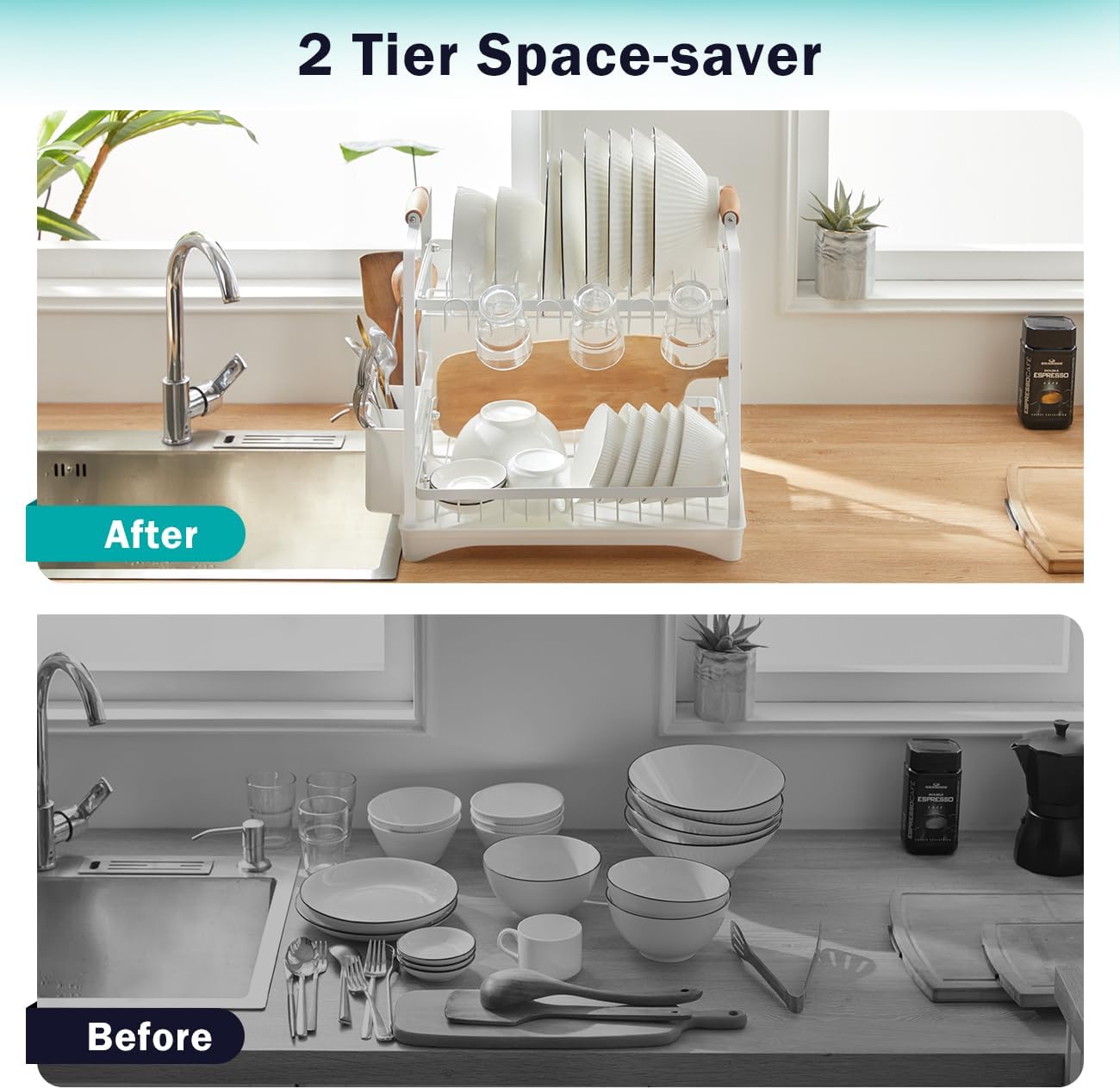 CARLA HOME 2-Tier Large Dish Drying Rack with Drainboard, Utensil Holder, Glass Hooks & Cutlery Storage (White) — image 4