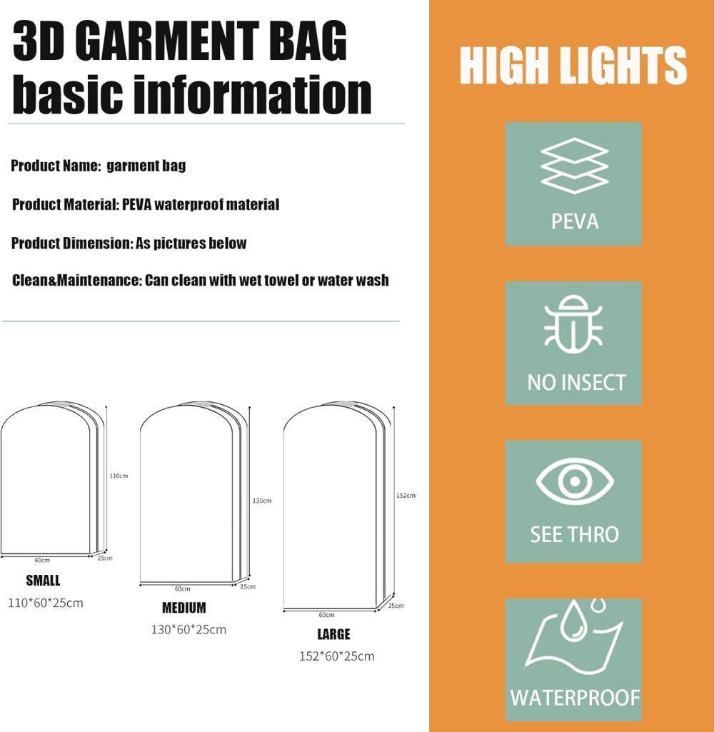 3-Pack Transparent Dustproof Garment Storage Bags with Zipper for Wardrobe, PEVA, 60 × 25 × 130cm — image 5
