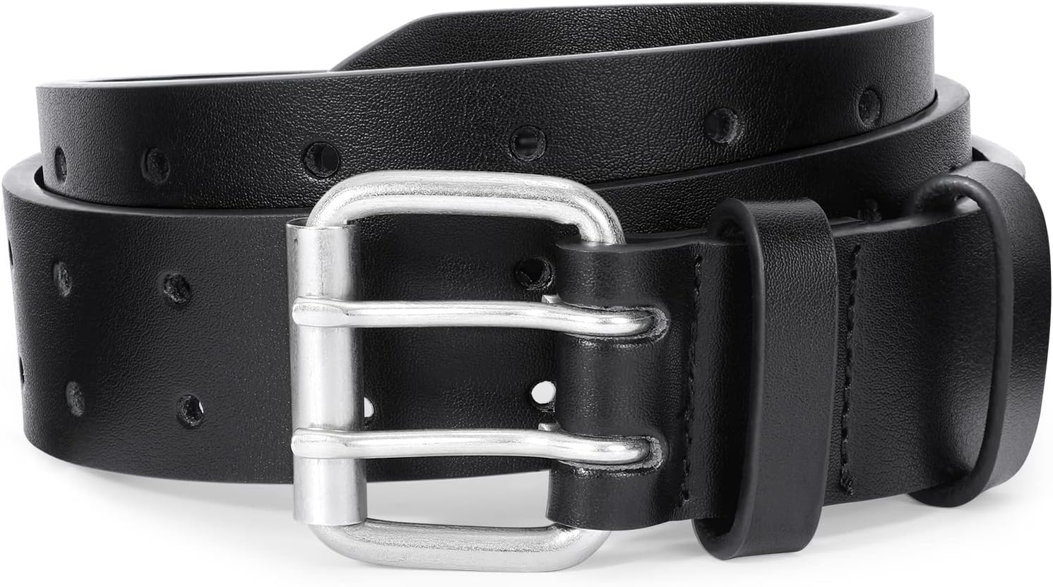 Men Double Prong PU Leather Belt Casual Work Heavy Duty Belt Double Grommet Holes Belt for Jeans β image 5