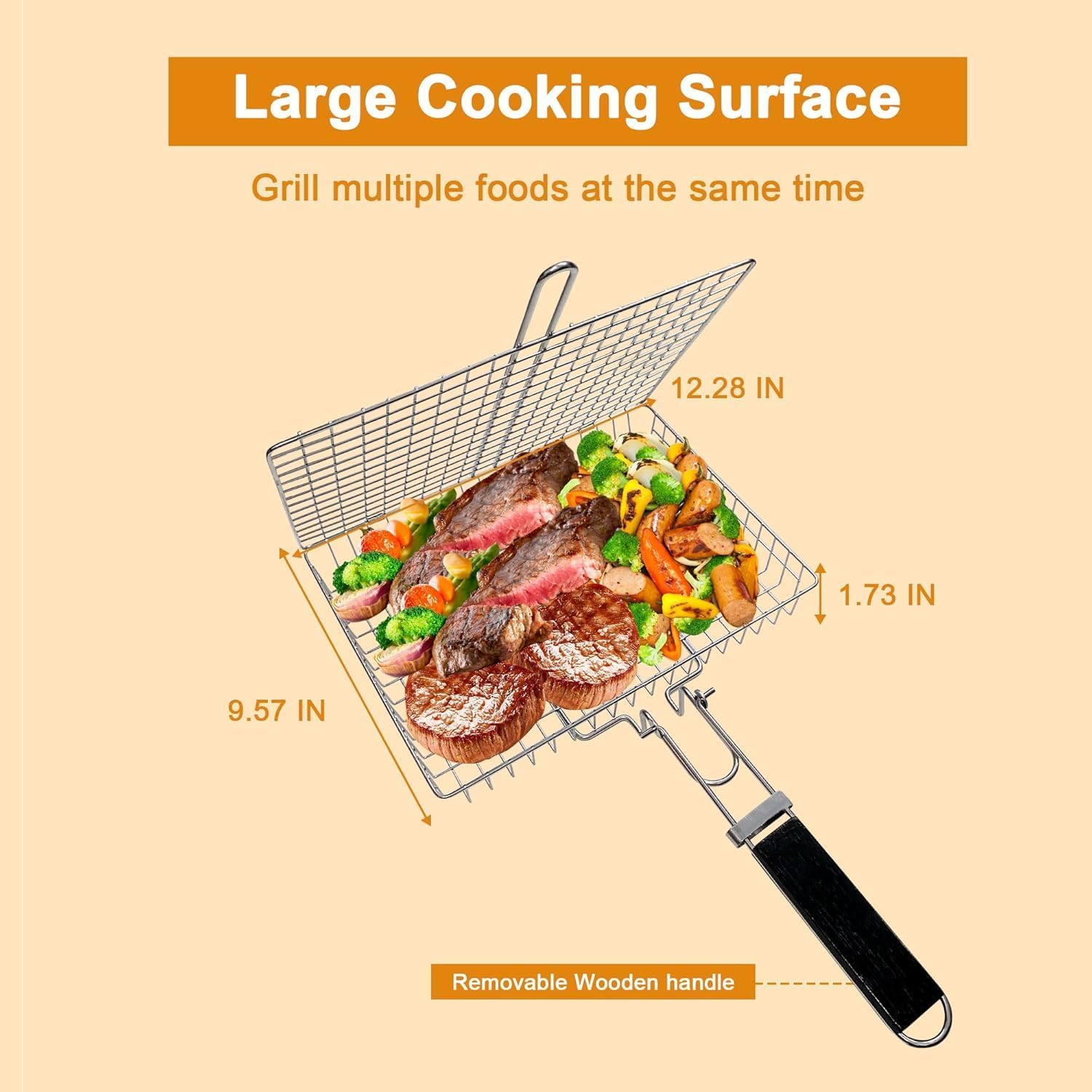 Fish Grilling Basket, Folding Portable Stainless Steel BBQ Grill Basket for Fish Vegetables Shrimp with Removable Handle, with Basting Brush and Storage Bag — image 4