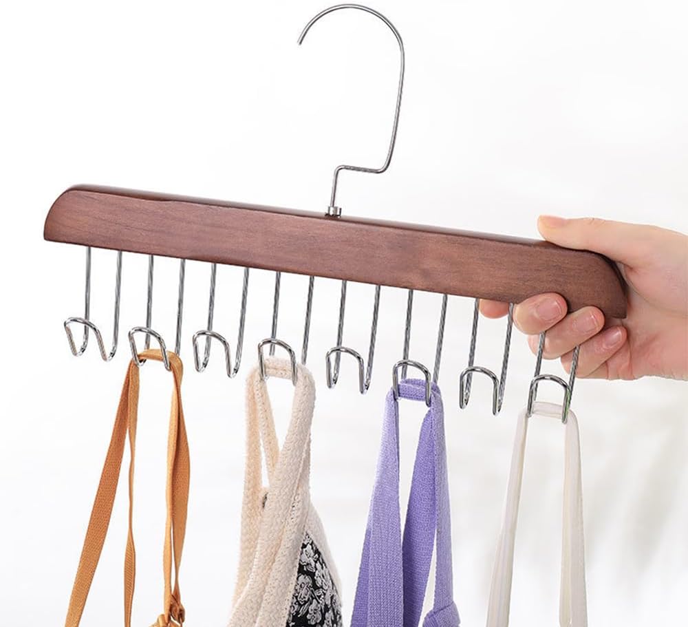 4 Pack Tank Top Bra Hanger, Wood Tie and Belt Hanger, Anti Slip Multi Hook Coat Rack, Hanging Closet Organization Storage Holder for Belts, Ties, Scarfs, Bras — image 5