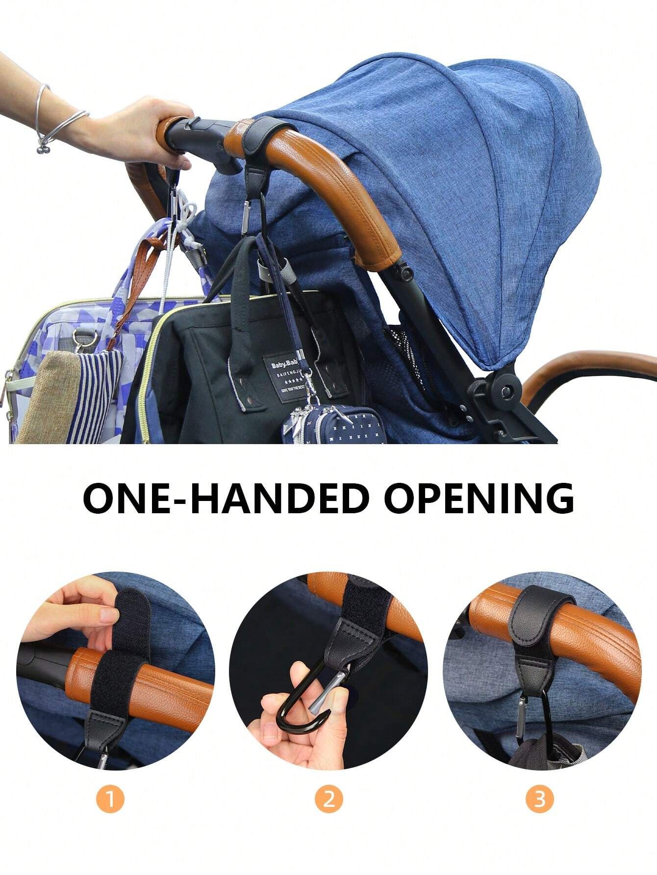 2PCS Universal Stroller Hooks, Heavy-Duty PU Leather & Metal Stroller Clips, Portable Multi-Purpose Hooks for Baby Strollers & Electric Vehicles โ image 3