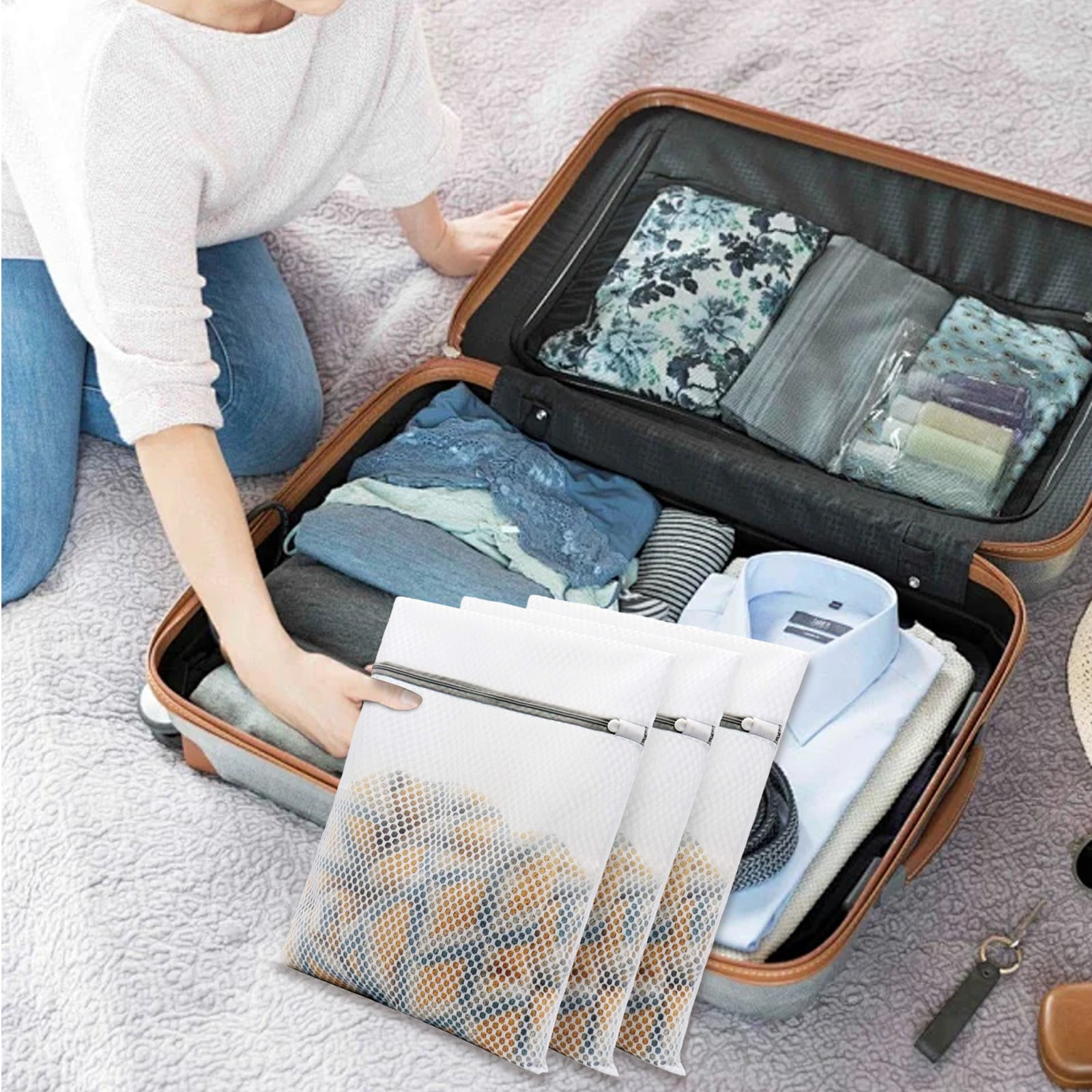 3 Pieces Honeycomb Delicates Laundry Bags, Zippered Mesh Wash Bags for Cotton Clothes, Sheets and Shoes, White, 30 × 40 cm — image 2