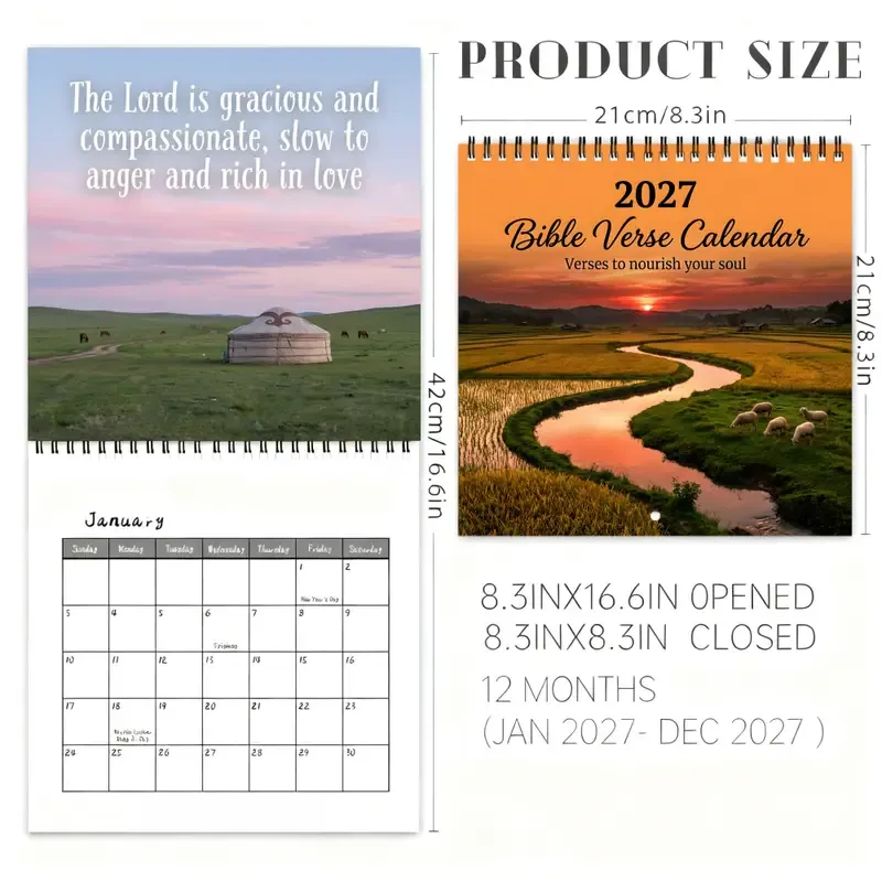2027 Bible Verse Wall Calendar, 8.3-inch Square with Spiral Coil Binding, Features Healing Landscapes & Scripture Verses Each Month, Large Writing Space — image 4