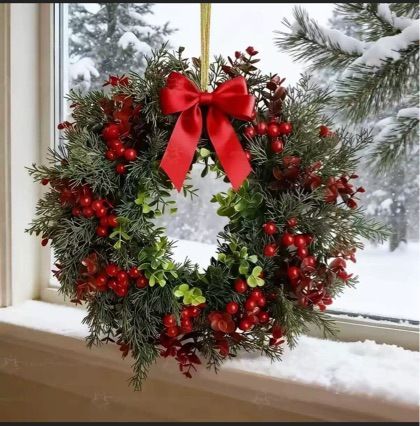 Lifelike Artificial Holiday Wreath, Dense Eucalyptus Foliage with Holly Red Berries & Satin Red Bow, Classic Winter Front Door Wreath for Australian Christmas