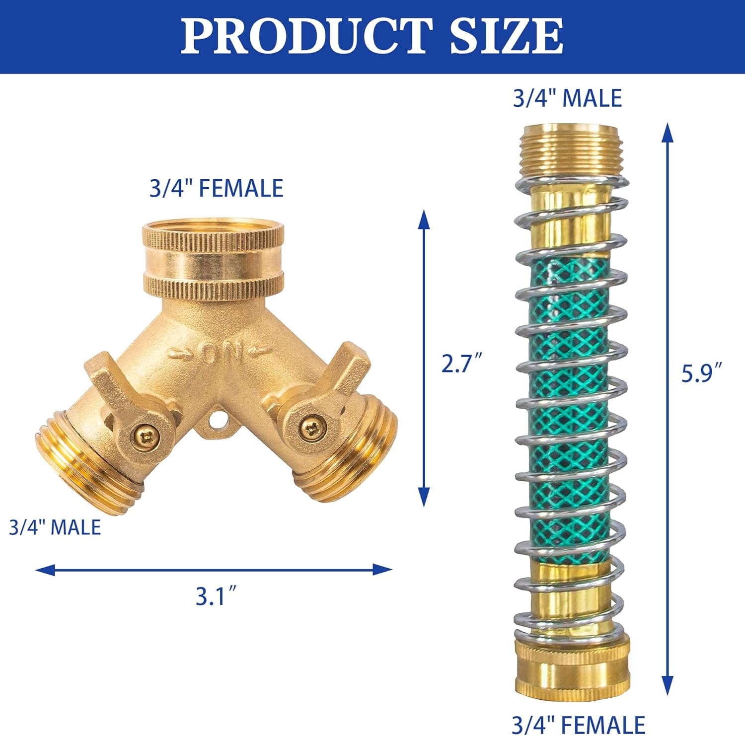 2 Way Hose Splitter, 3/4" Brass Hose Y Splitter with 2 PCS Garden Hose Extension Hose Coiled Spring Protectors and 6 Rubber Washers — image 2