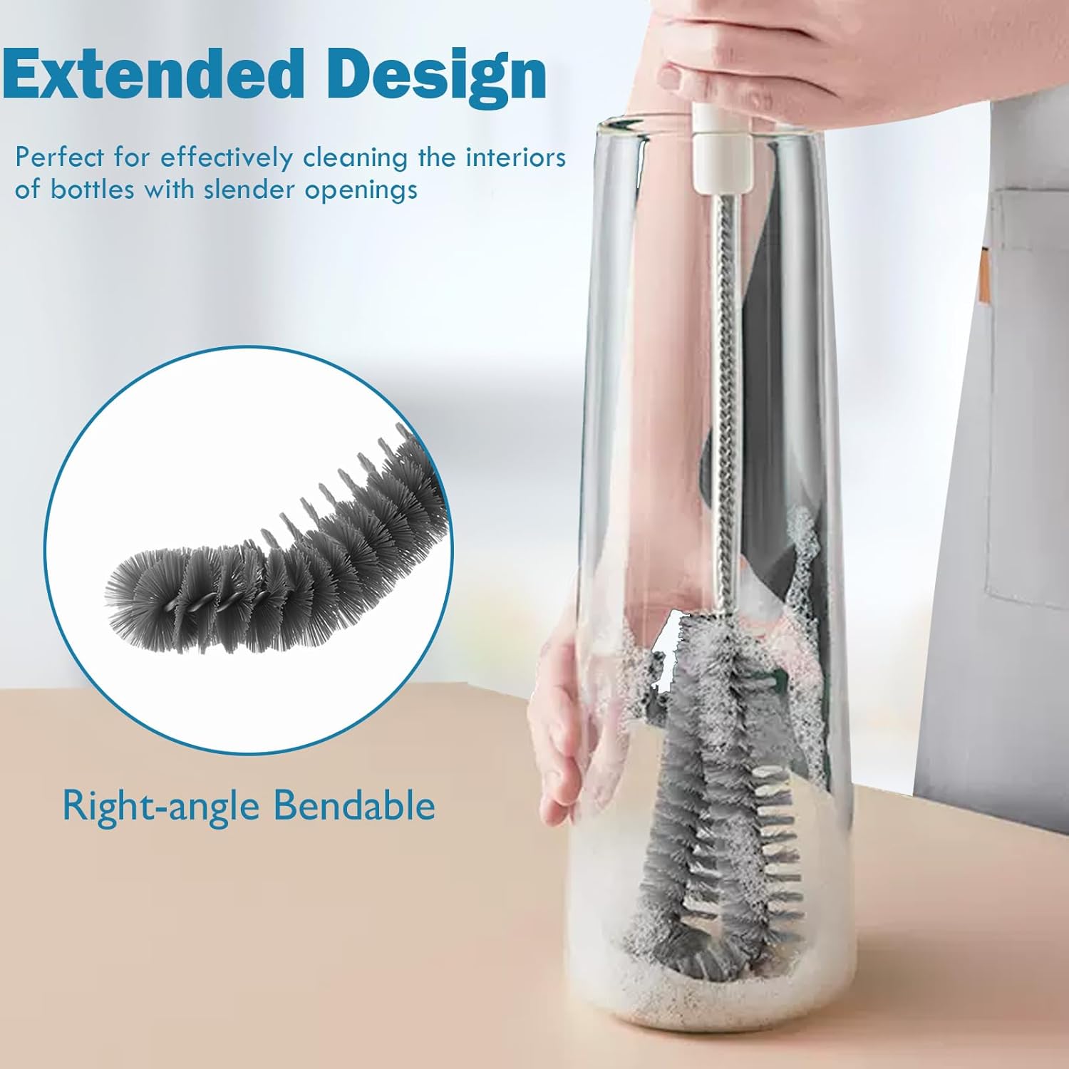 15.7" (40cm) Flexible Long Black Bottle Cleaning Brush for Kitchen and Dining - Perfect for Baby Bottles, Sports Bottles, Glassware, Mugs, Jars, and Stemware — image 4