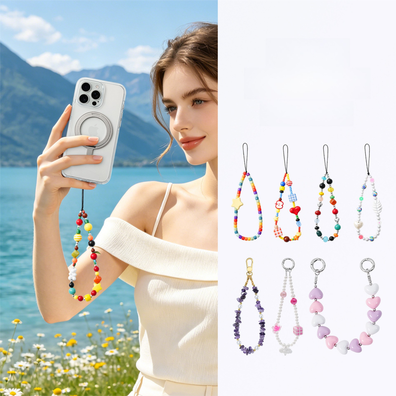 YKA-8 Trendy Double-Clasp Beaded Phone Wrist Strap - Colorful Acrylic & Metal Anti-Loss Lanyard with Spacer Gift — image 2