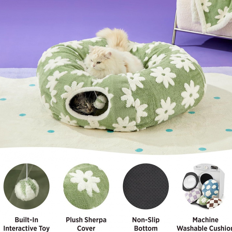 2-in-1 Cat Tunnel Bed Blue Daisy 80cm - Plush Donut Pet Cave & Play Tube - Detachable Washable Cushion & Interactive Hanging Toy for Indoor Cats โ image 3