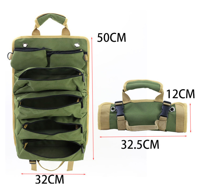 Green Portable Roll-Up Tool Organizer with Zippered Pockets — image 6