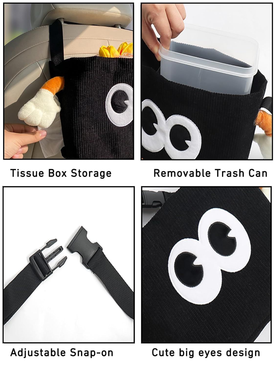 Car Cute 2 in 1 Trash Can with Tissue Holder Box Seat Back Bag Hanging over the Seat Organizer Plush Cartoon Animal Storage Garbage,Black — image 3