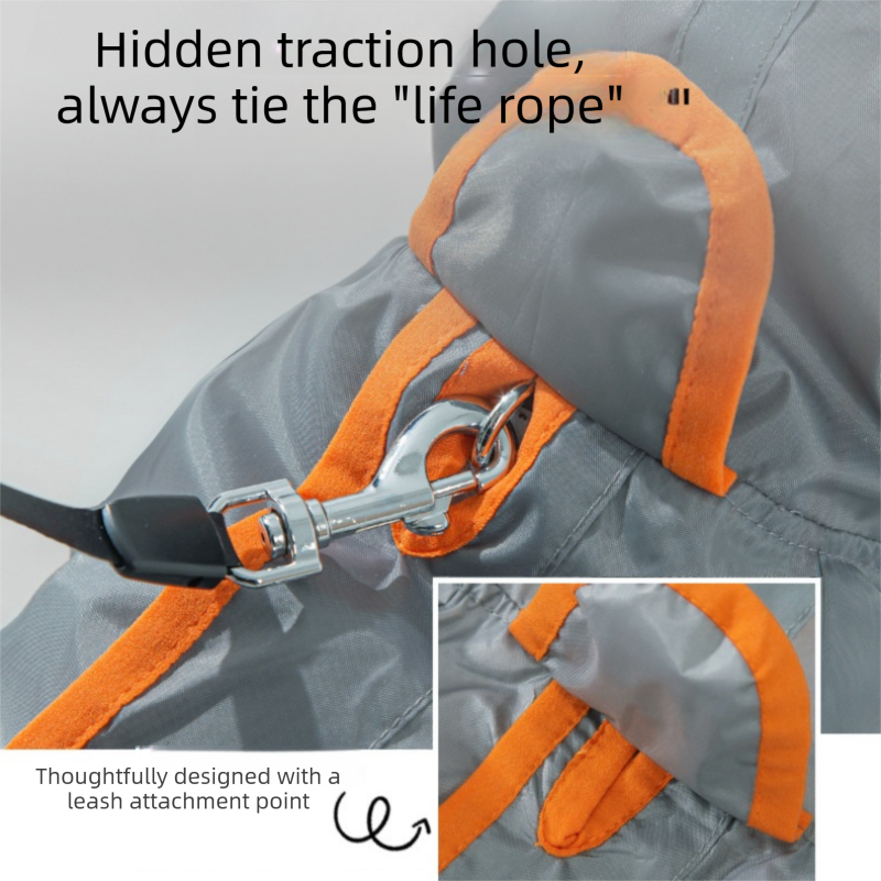 Grey and Orange XL size Dog Raincoat with Leash Access and Transparent Hood - Waterproof Full Body Pet Rain Suit for Small and Medium Dogs, Reflective Trim — image 6