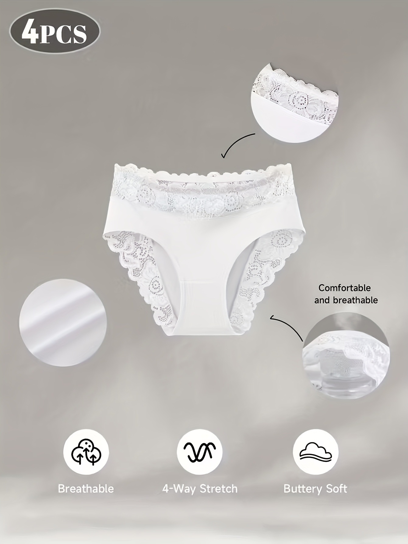 4-Pack White Elegant High-Waist Lace Panties for Women(Size S) - Tummy Control & Butt Lifting Briefs, Breathable Underwear with Cotton Crotch Lining โ image 2