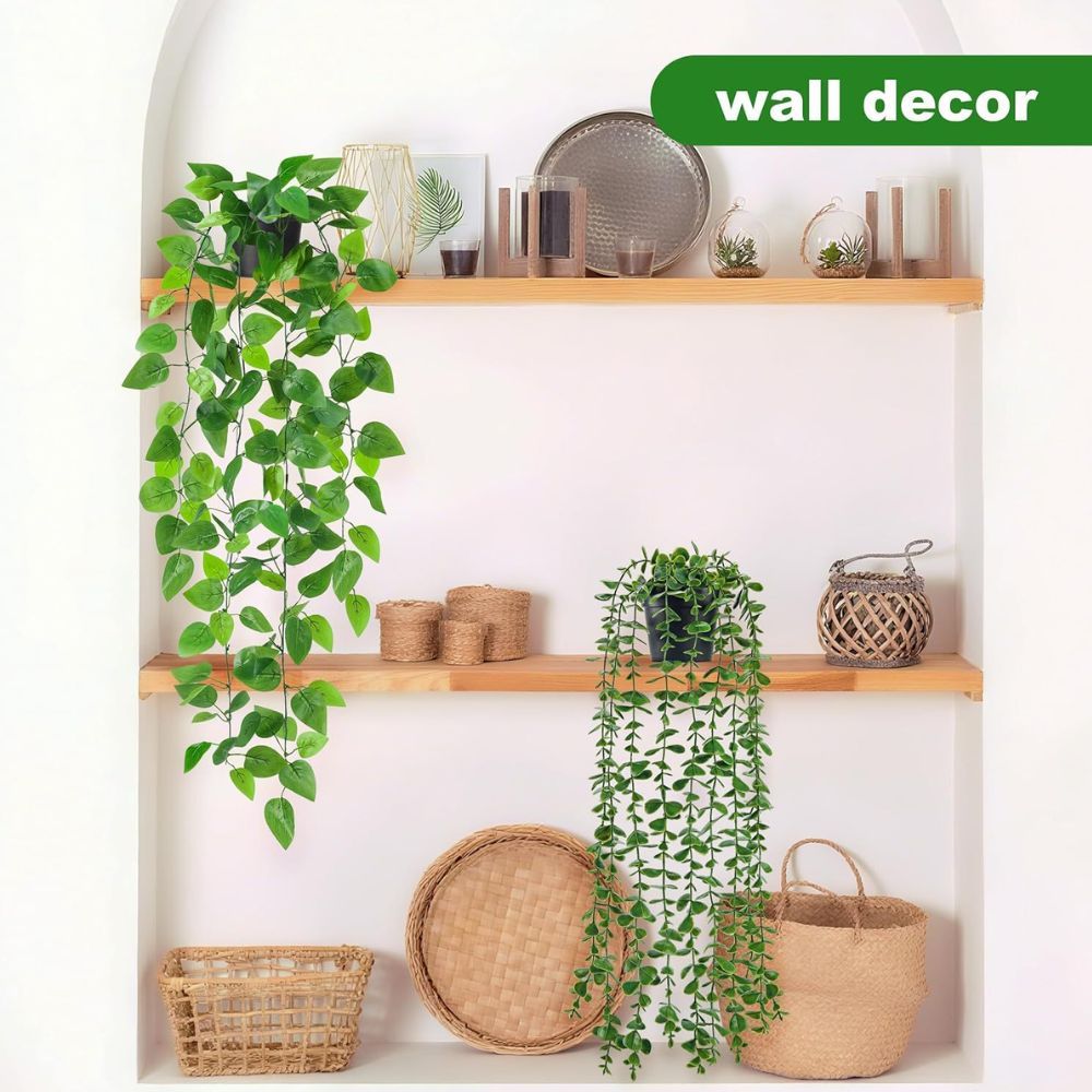 Set of 4 Artificial Hanging Trailing Plants, Fake Eucalyptus, String of Pearls, Boston Fern & Heart Leaf Pothos Vines, Low Maintenance Faux Potted Greenery for โ image 6