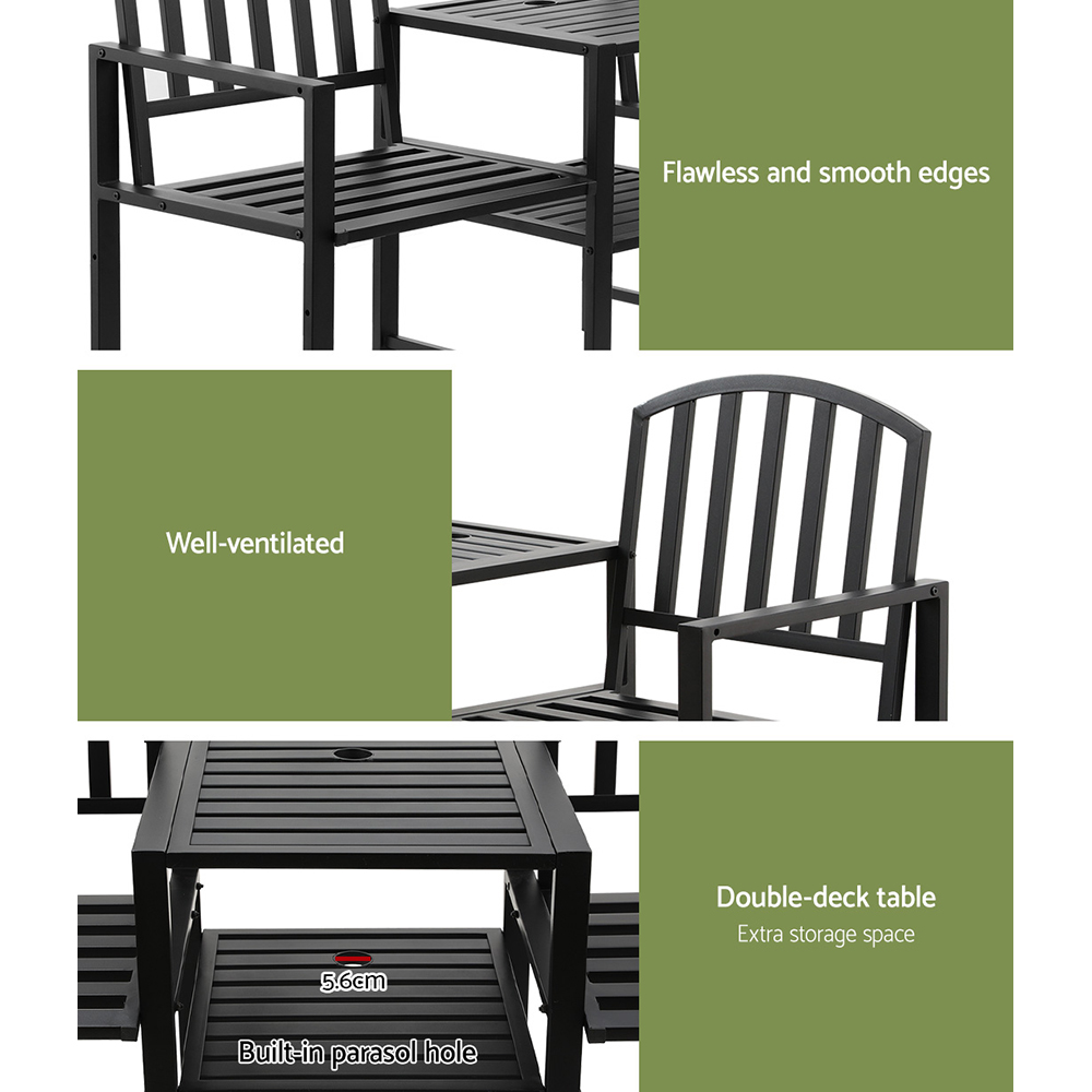 Gardeon Outdoor Garden Bench Seat Loveseat Steel Table Chairs Patio Furniture Black — image 6