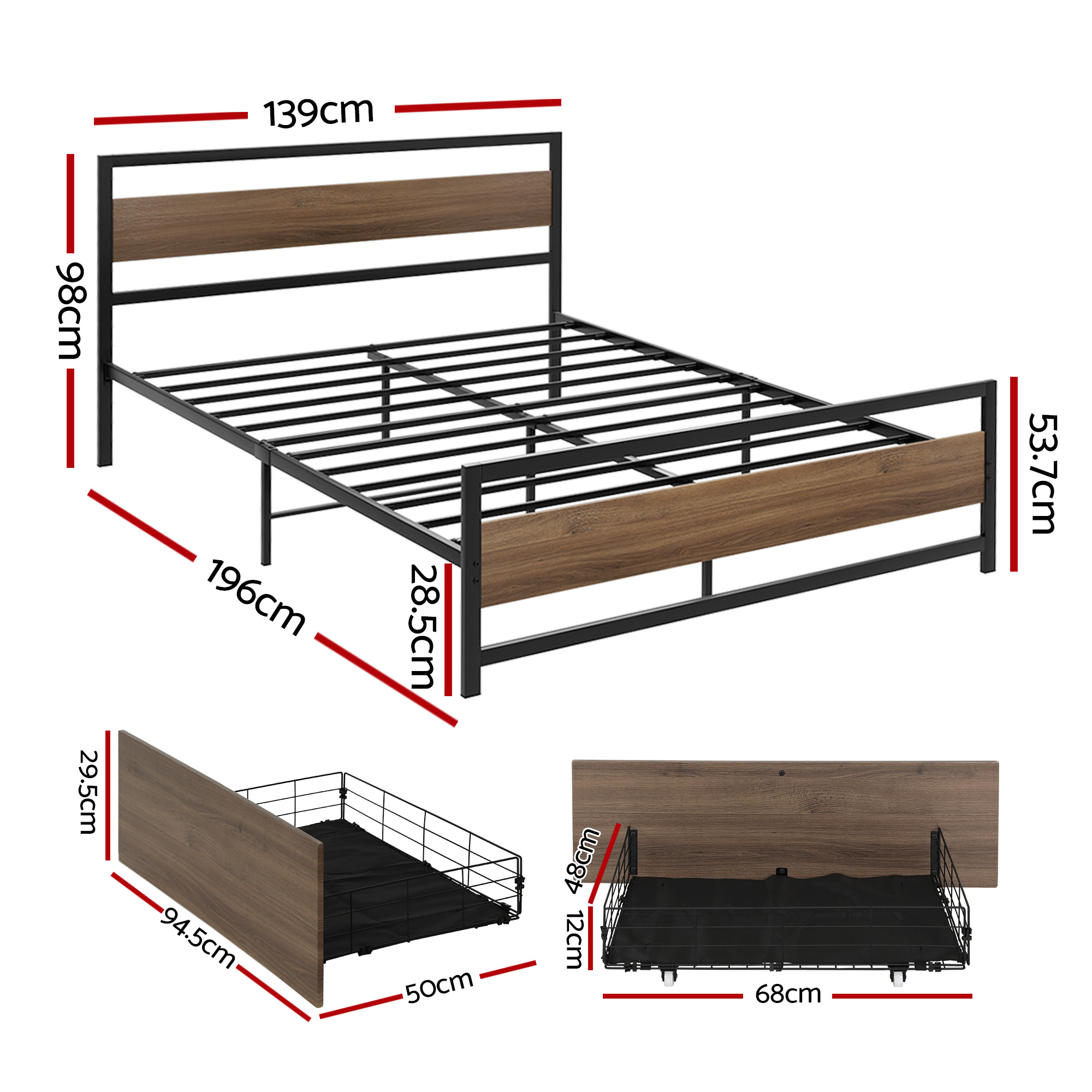 Artiss Bed Frame Double Size Metal Frame with 2 Drawers DREW โ image 2