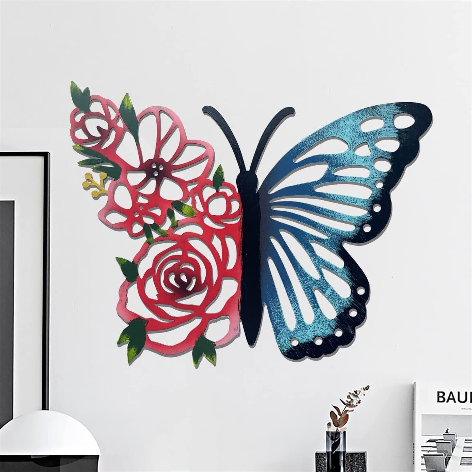 Metal Butterfly Rose Wall Decor Wall Art Sculpture Spring Outdoor Roses Flower Wall Decor Hanging Iron Hollow Ornaments — image 2