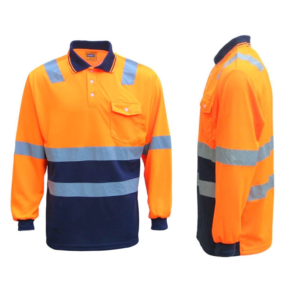 HI VIS Long Sleeve Workwear Shirt w Reflective Tape Cool Dry Safety Polo 2 Tone, Fluoro Orange / Navy, L โ image 3