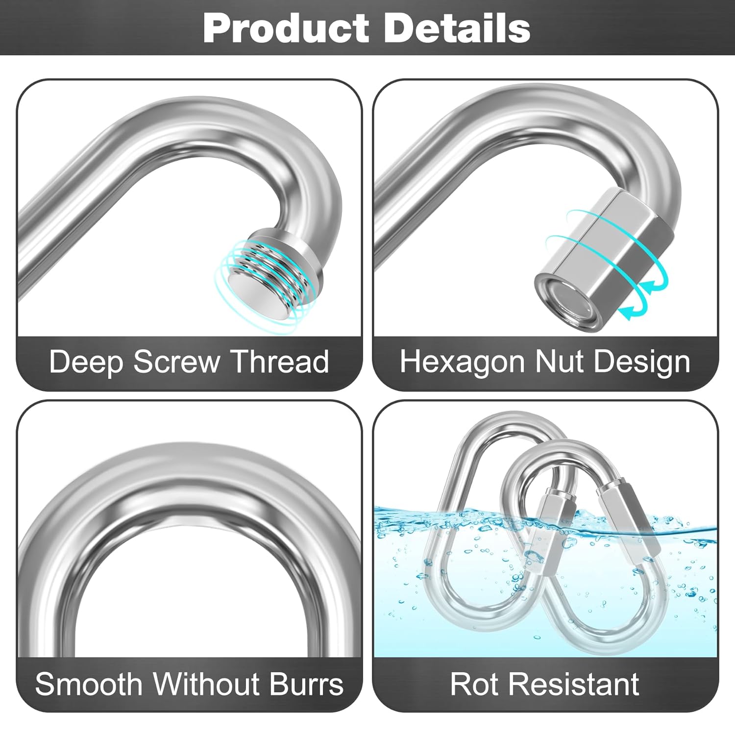 M6-50 Pack 2.3” Quick Links Chain Connectors, 1/4″ Galvanized Chain Locking Hooks, 620LBS Heavy Duty Thread Quick Link Clips, Twist Oval Keychain D Shape for — image 4