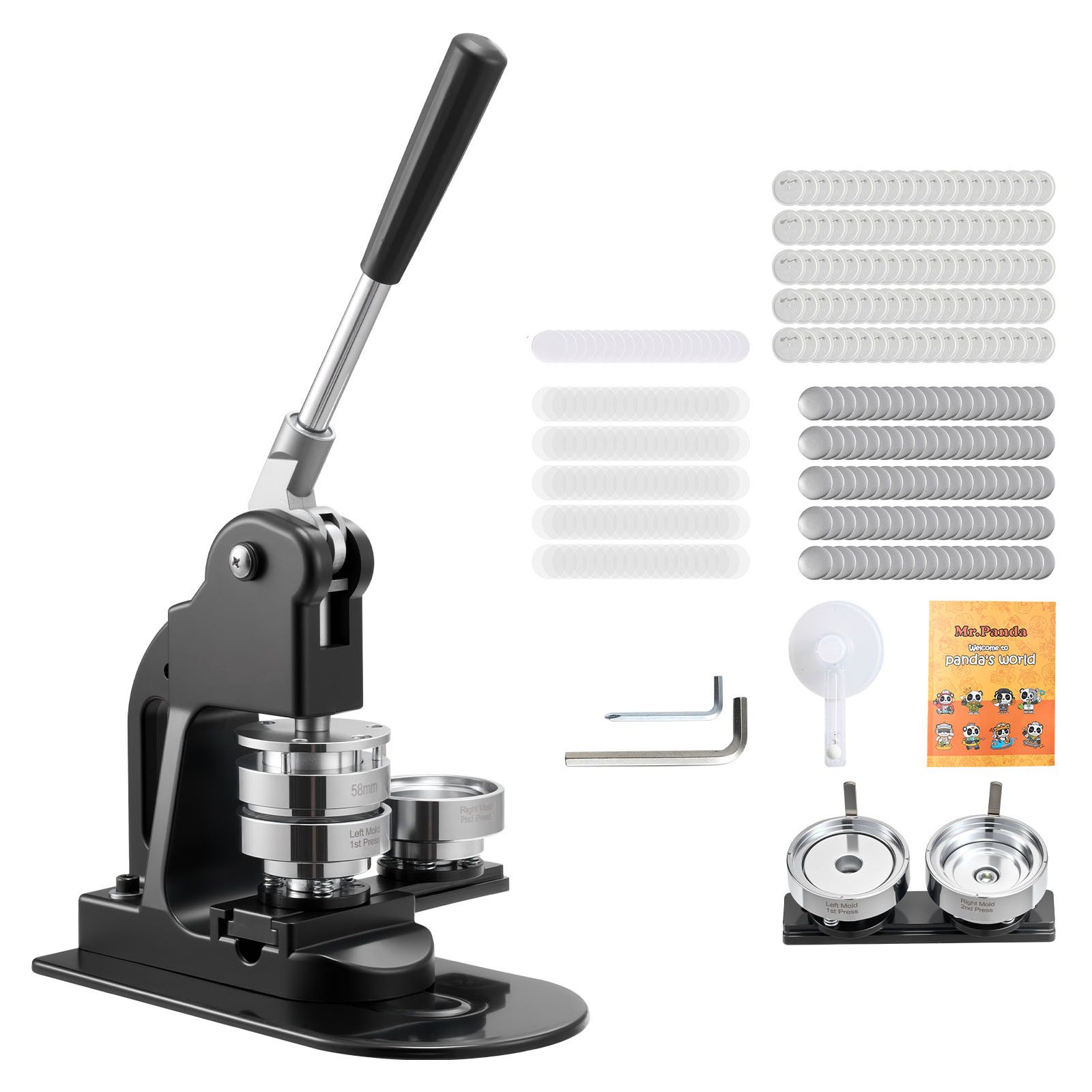 Button Maker Machine, 58 mm, Pin Maker Machine with 500pcs Button Parts, Circle Cutter, Hex Wrenches and Magic Book, Ergonomic Handle, for DIY Badges
