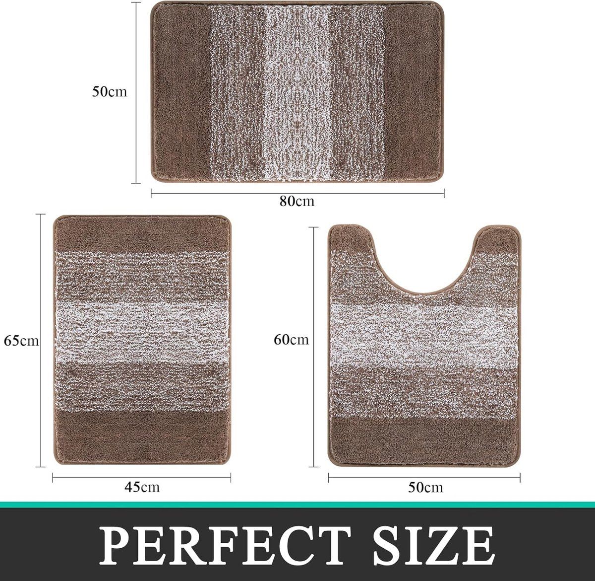 3-Piece Brown Striped Bath Mat Set, Non-Slip Washable Absorbent Bathroom Rugs — image 5