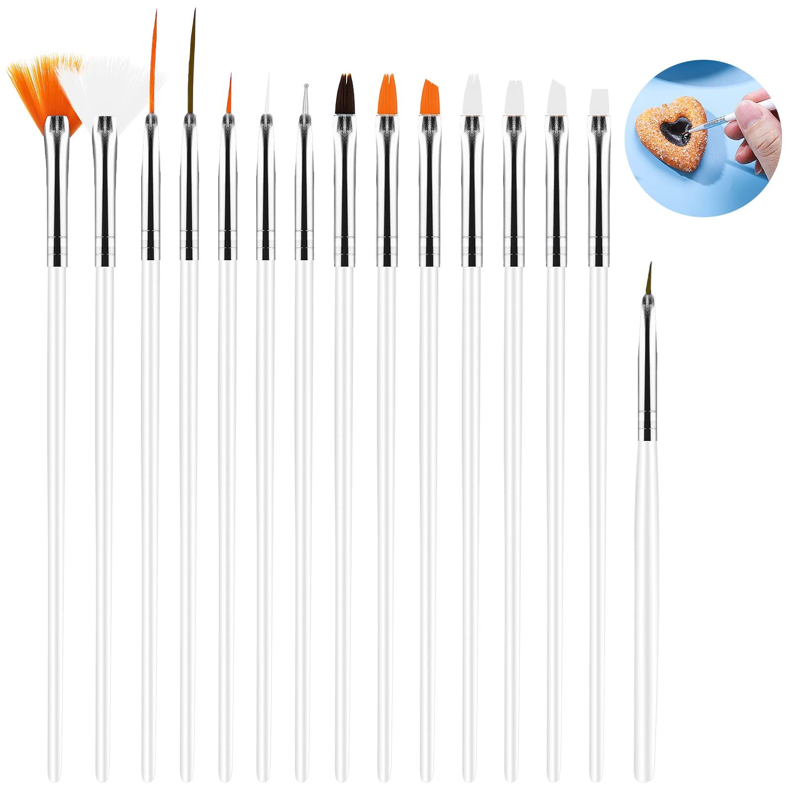 15pcs Painting Pen Nail Pen Cake Painting Brushes, Cake Decorating Brushes Kit, Food Paint Brush Tools, Fondant Sugar (White)
