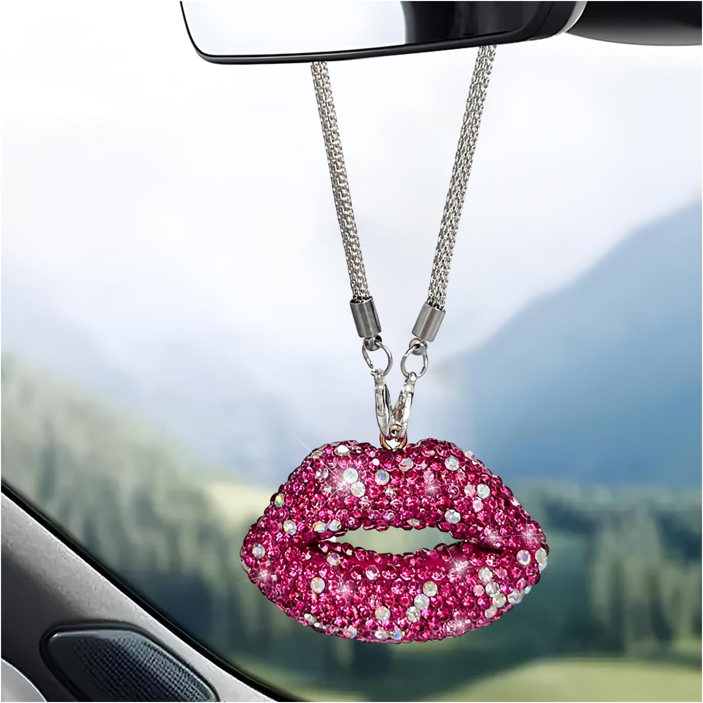 Bling Lip Car Rear View Mirror Charm, Personalized Rhinestone Lip Pendant for Car Rear View Mirror, Lips Vehicle Interior Decor Hanging with Chain for Women