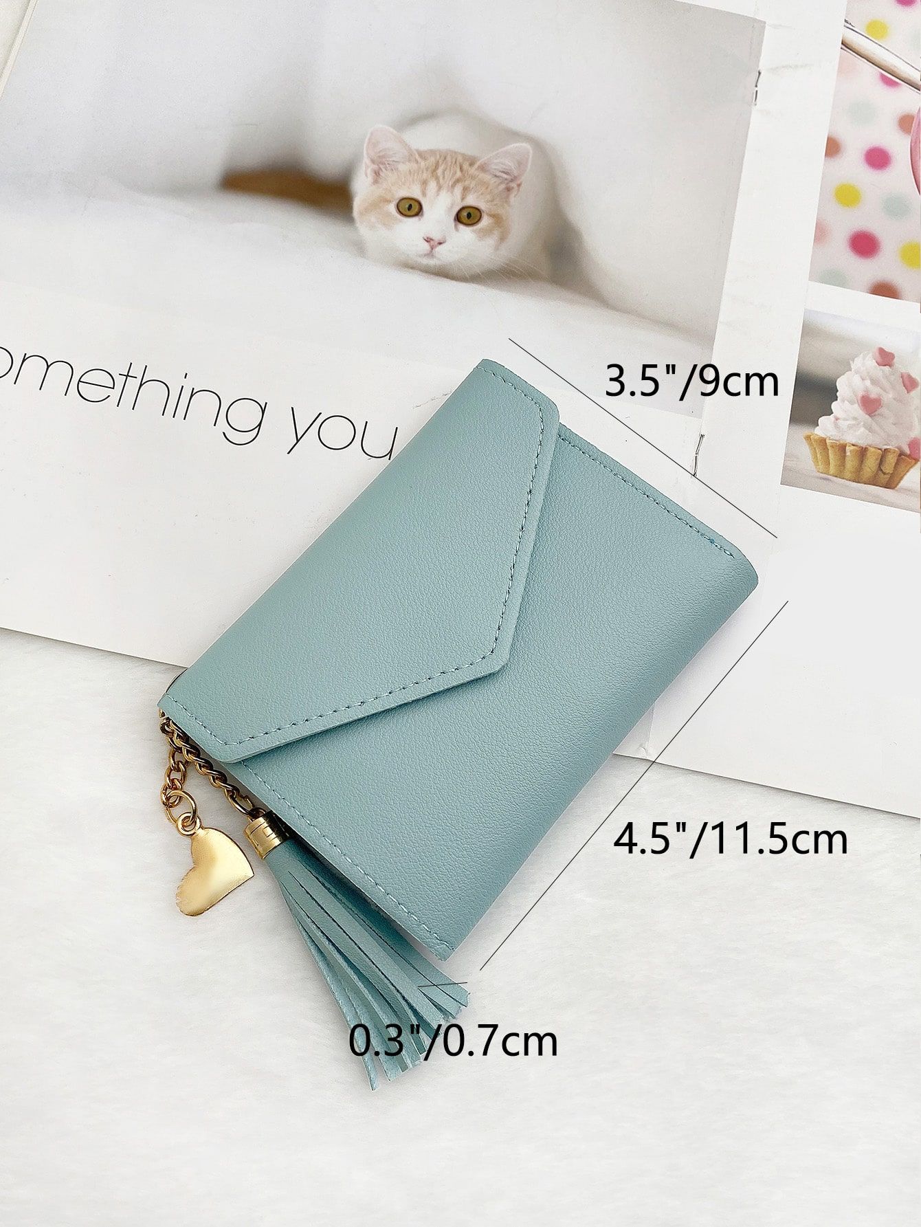 Tassel Decor Fold Over Credit Card Small ID Window Slim Women Wallet Mini Lightweight Leather Cash Card Holder Minimalist Fashion Valentine Day Birthday Gift — image 3