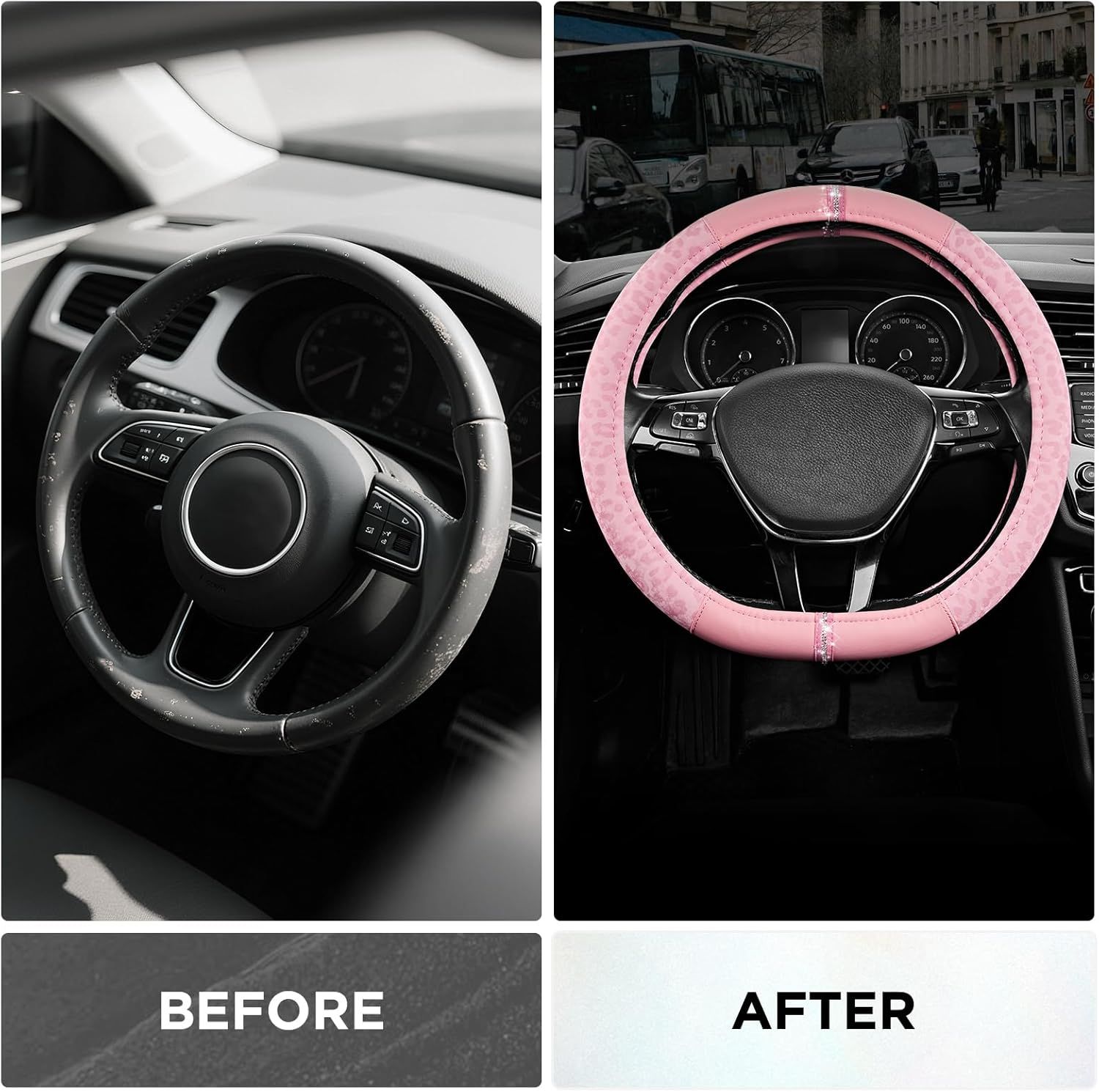 Leopard Steering Wheel Cover for Women, Cute Anti-Slip Microfiber Leather, Fits D Shape Flat Bottom Steering Wheel 14.5-15 Inch - Pink and Pink Leapoard โ image 3
