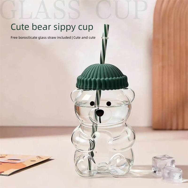 Creative Bear Shape Glass Water Bottle with Straw Cute Cartoon Coffee Cup and Cold Drink Tumbler – Pink Hat Bear Edition — image 2