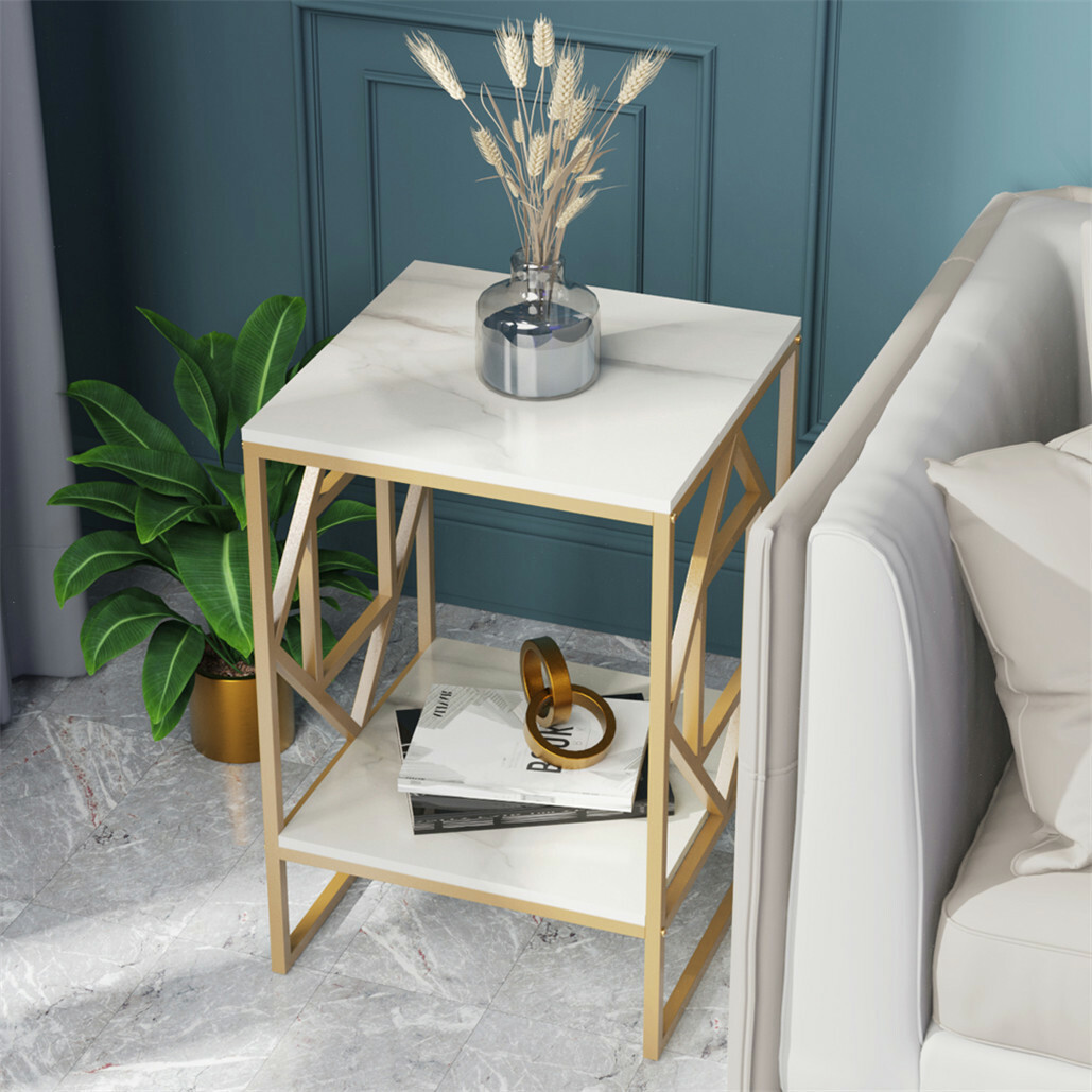 White Marble Gold Side Table Living Room End Accent Table Nightstand with Shelf โ image 3