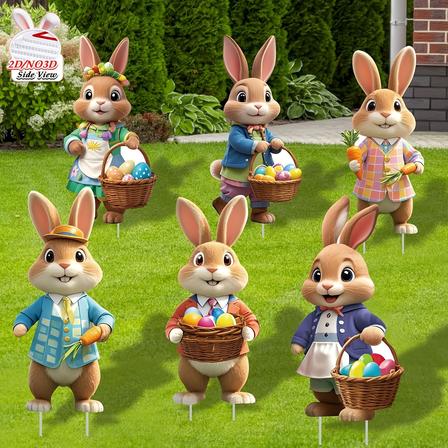2DFlat, 8pcs Easter Gentleman Rabbit Group Decoration, exquisite shape holding egg basket / carrot rabbit, fashionable dress design outdoor waterproof easy to — image 5