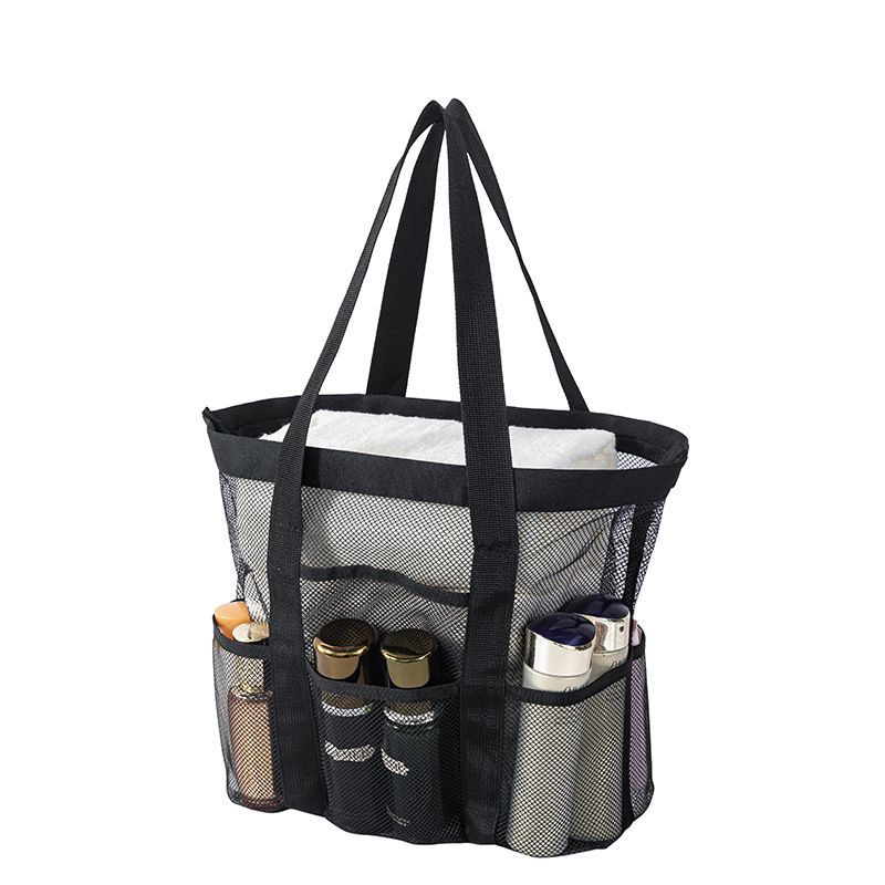 Black small size Large Capacity Mesh Beach Tote Bag - Breathable PET with Multi-Pocket Storage, Quick-Dry Design for Travel, Gym, and Poolside Use