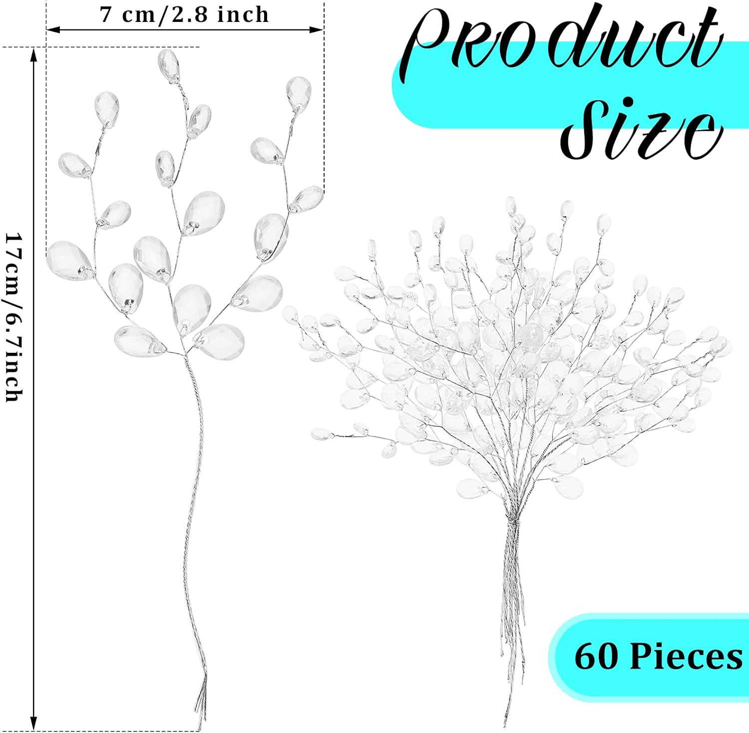 60 Pieces Artiicial Bouquets with Acrylic Bead Drop Crystal lower Stem Branches Beaded String Bridal Picks, Decoration or Wedding DIY Crats — image 3