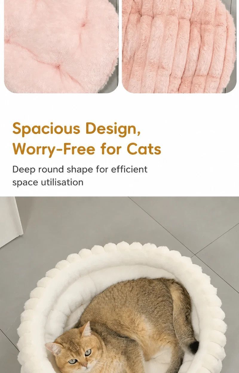 Faux Rabbit Fur Round Pet Bed With Removable Liner, Warm Plush All Season Dog Cat Nest, Cream White, Size XL, 27.56x27.56x7.09in, Premium Bed For โ image 6