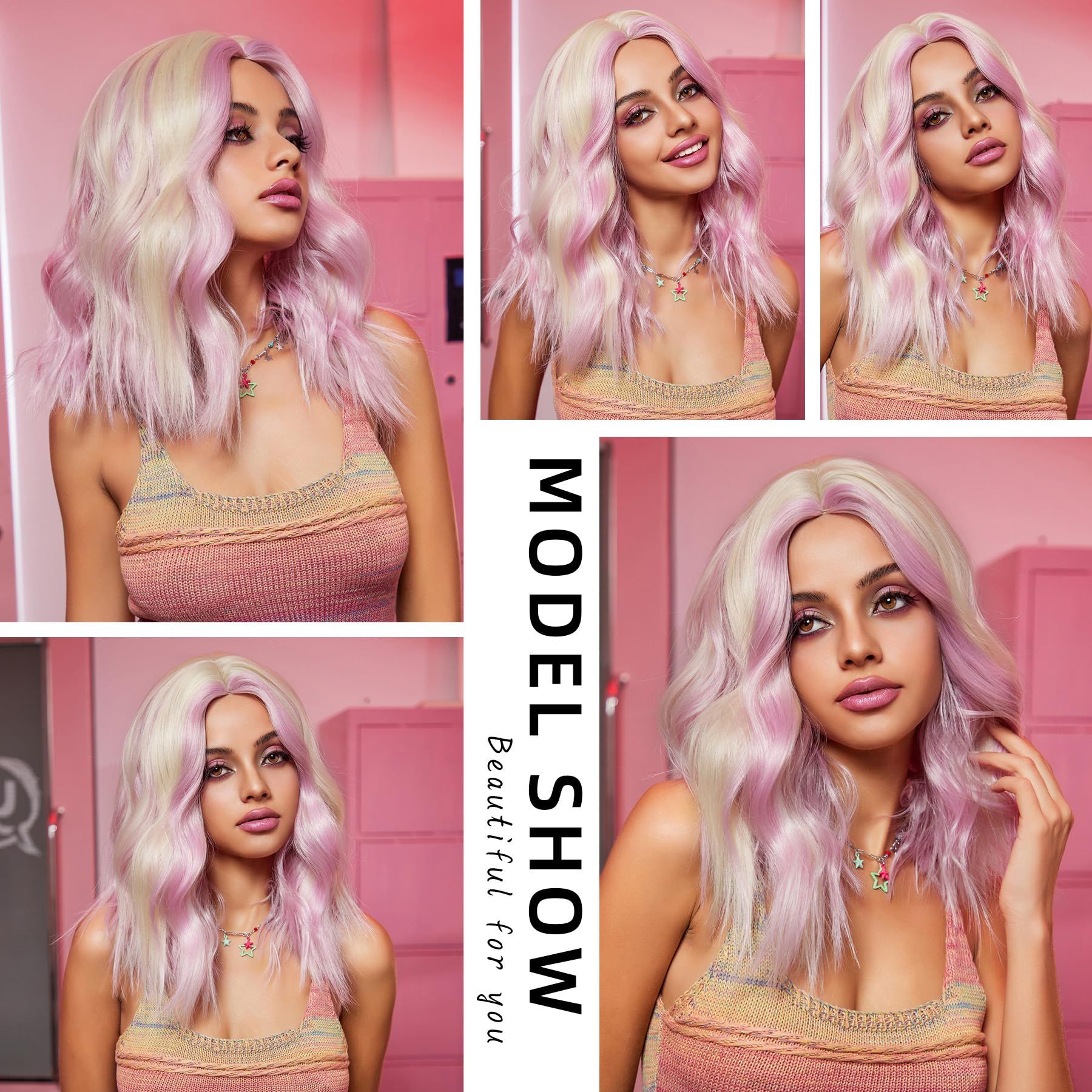 Short Pink Blonde Highlights Wavy Wig for Women Natural Blonde Roots Middle Part Heat Resistant Synthetic Fiber High Density 16In — image 4