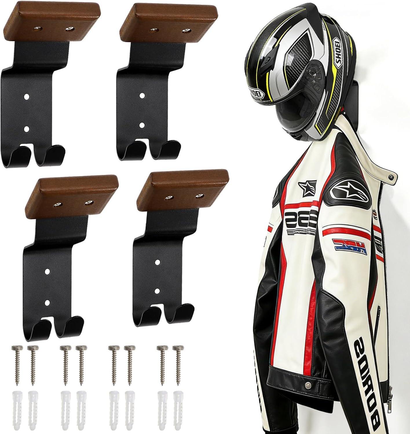 4 Pack Motorcycle Helmet Wall Mount, Helmets Holder with Double Key Hook, Hanger Gear Rack for Bike Baseball Tactical Football Skiing Accessories